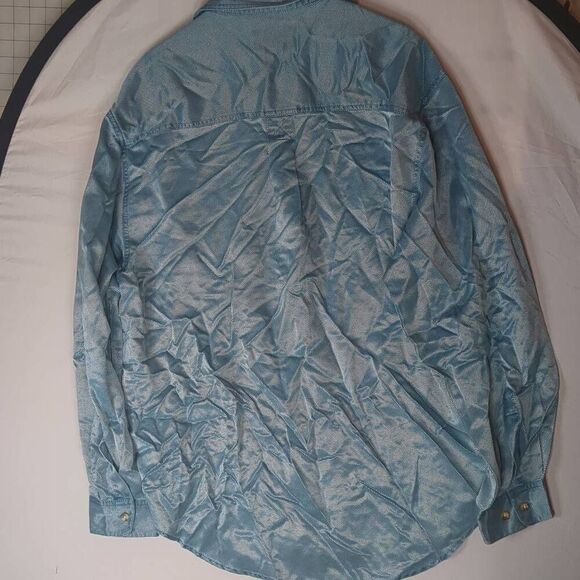 VTG Territory Ahead Silk Satin Mens Button Front Long Sleeve Shirt Aqua Blue Sil - Picture 9 of 10